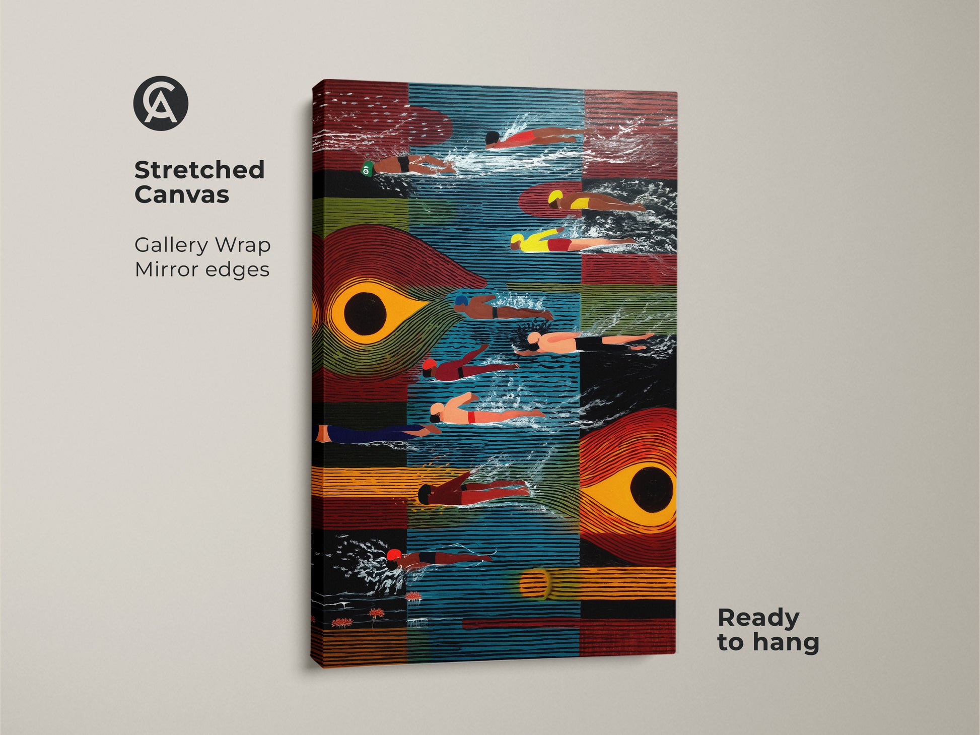 This is a stretched canvas art print showcasing abstract swimmers in mid-century modern style. The gallery wrap has mirror edges for a polished look. It features orange blue and red hues. The abstract artwork is ready to hang. A unique canvas wall art perfect for living spaces.