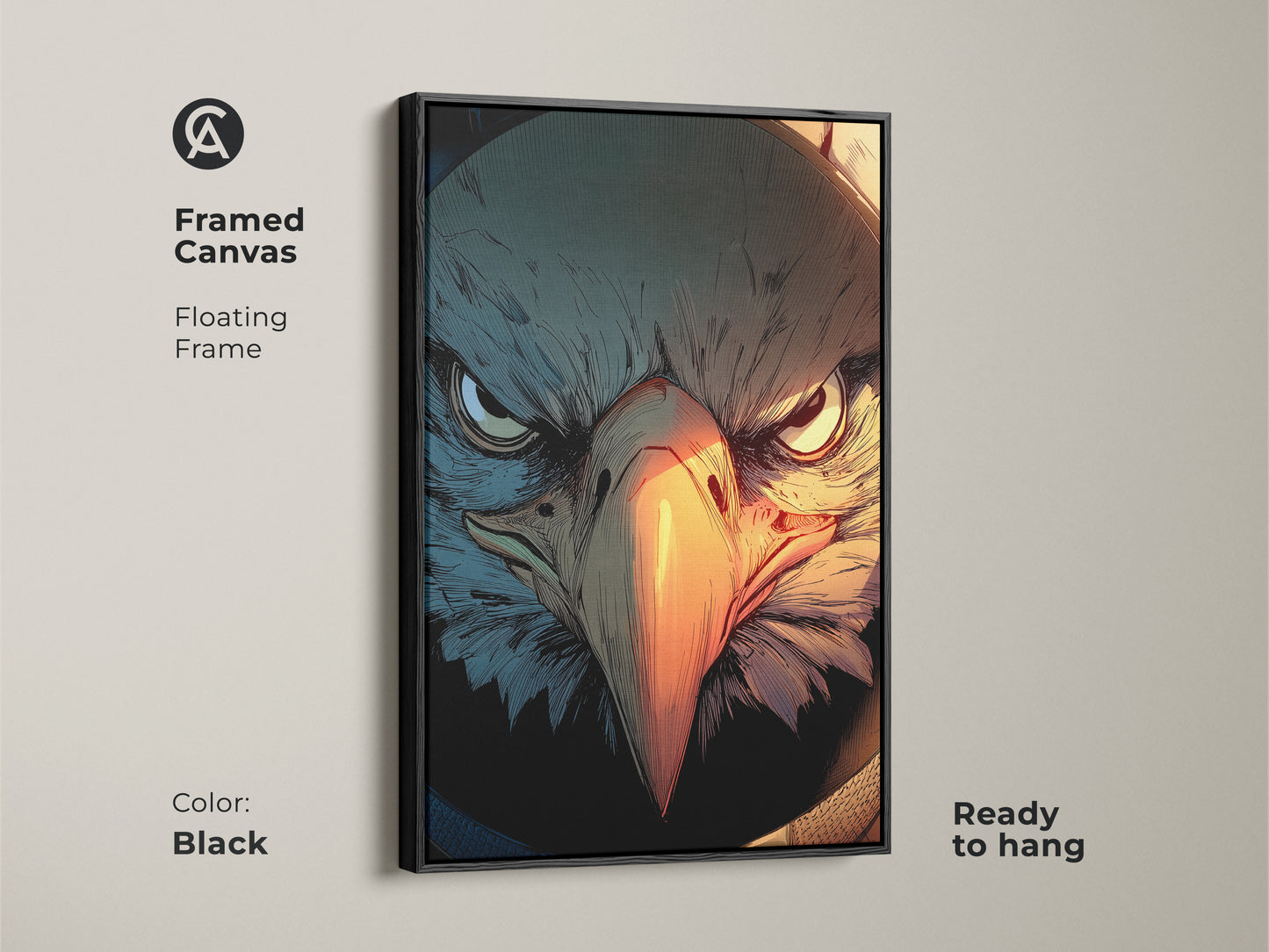 A framed canvas features a Griffin. This mythological bird canvas is ready to hang. The floating frame is in black. This comic style creature art is great office wall art. The heroic animal art makes for dark fantasy decor.