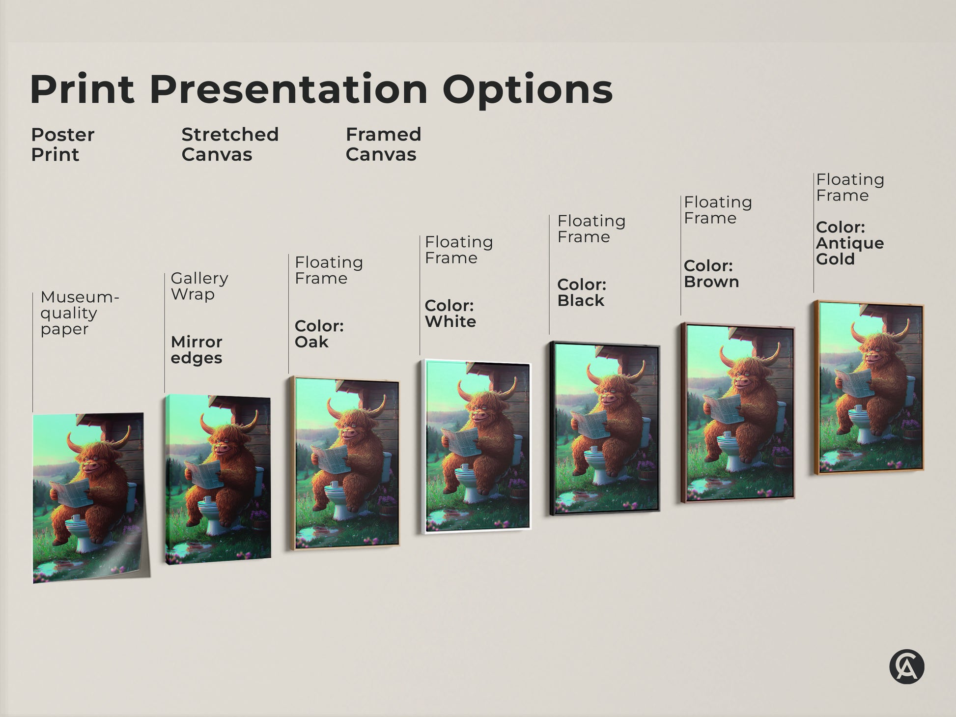 Print presentation options for a Highland cow artwork are displayed. Choose from poster stretched canvas or framed canvas. Multiple frame colors are offered. Each option highlights this whimsical art piece.