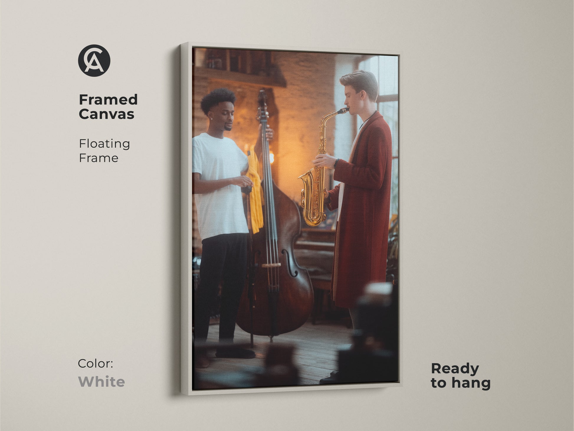 This framed canvas showcases a saxophonist and double bass player in a contemporary jazz artwork. Its floating frame enhances its ready-to-hang status. The fine art music scene is ideal as music room decor wall art. A great modern musician gift in white.