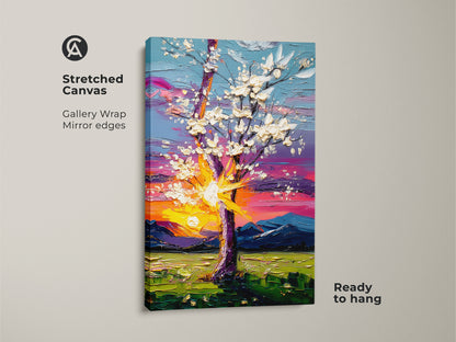 Close-up of a stretched canvas print featuring a blooming tree. Gallery wrapped with mirrored edges this impressionistic tree canvas is ready to hang. The vibrant sunset landscape print adds color to any space.
