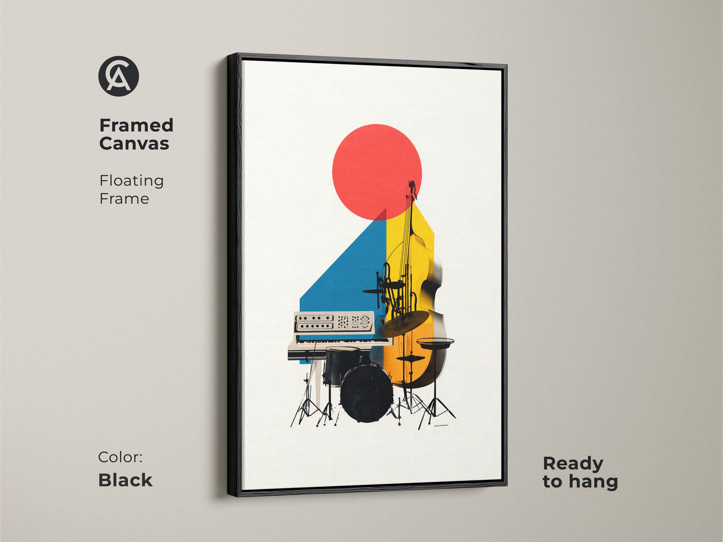 Framed canvas with a black floating frame showcasing abstract geometric wall art. A double bass and synth create a modern music canvas print in red yellow and blue. It's ready to hang.