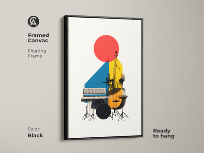 Framed canvas with a black floating frame showcasing abstract geometric wall art. A double bass and synth create a modern music canvas print in red yellow and blue. It's ready to hang.