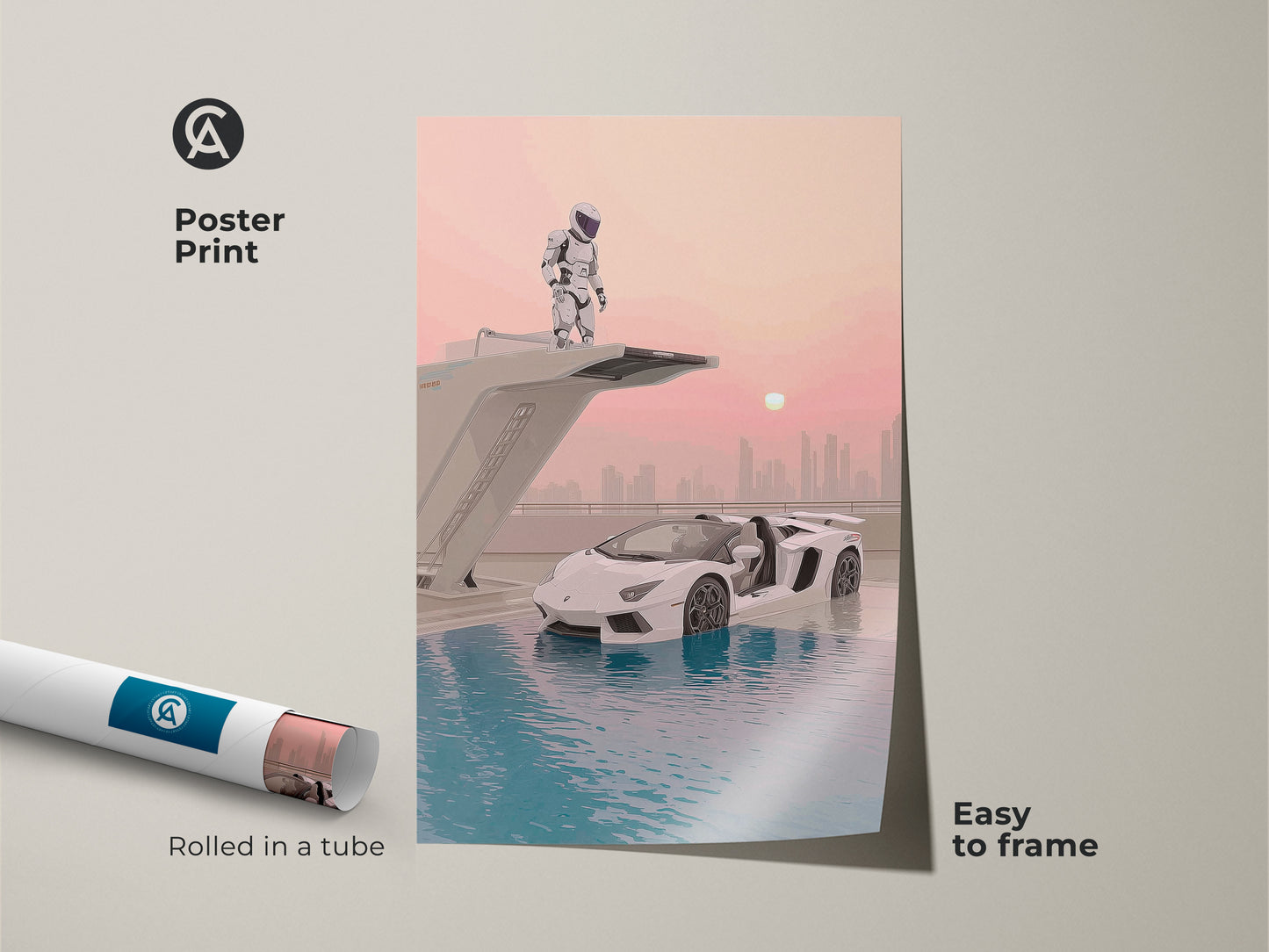 Poster print of a surreal astronaut and supercar. The futuristic artwork features teal pink blue hues. The sci-fi office decor is delivered rolled in a tube for easy framing. This contemporary automotive print makes a unique gift for car lovers.