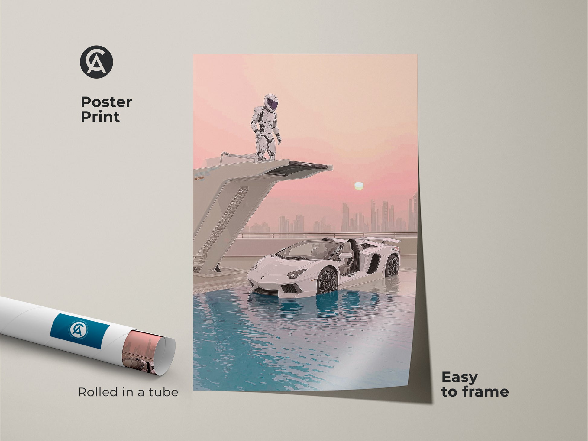 Poster print of a surreal astronaut and supercar. The futuristic artwork features teal pink blue hues. The sci-fi office decor is delivered rolled in a tube for easy framing. This contemporary automotive print makes a unique gift for car lovers.