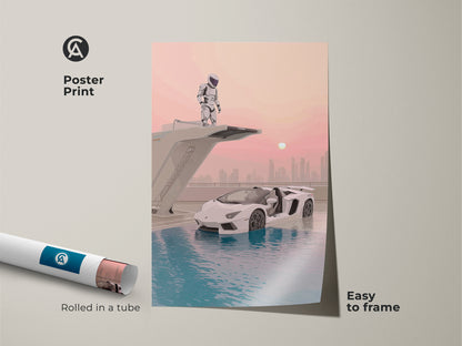 Poster print of a surreal astronaut and supercar. The futuristic artwork features teal pink blue hues. The sci-fi office decor is delivered rolled in a tube for easy framing. This contemporary automotive print makes a unique gift for car lovers.