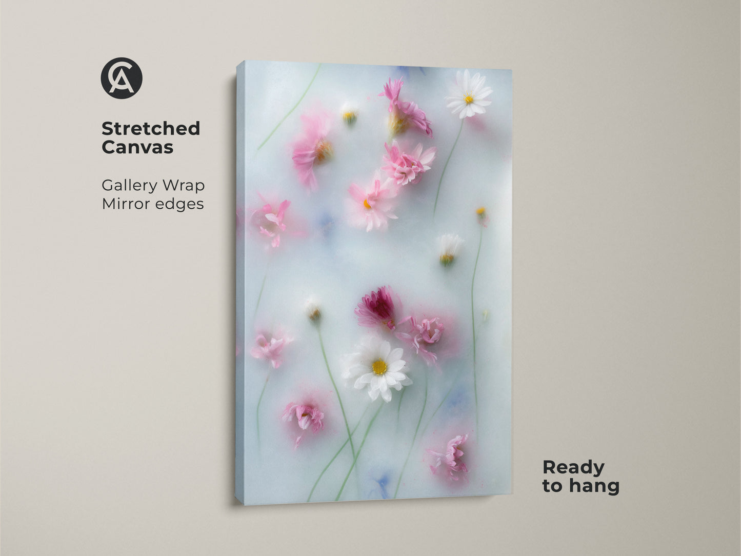 Stretched canvas of soft focus pink daisy and cosmos flowers botanical art. This dreamy floral wall art is ready to hang. The pastel blue artwork features mirror edges. It's a perfect piece of Scandinavian home decor for a tranquil and romantic atmosphere.