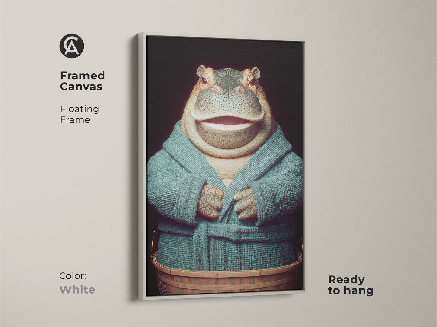 A framed canvas in white features a hippopotamus in a teal robe. It's ready to hang and adds humor to any space. The floating frame makes it a great eclectic living room art piece. The hippo is in a wooden tub ready for bath time. Sophisticated animal art for your home. It is a funny piece to add to your decor.