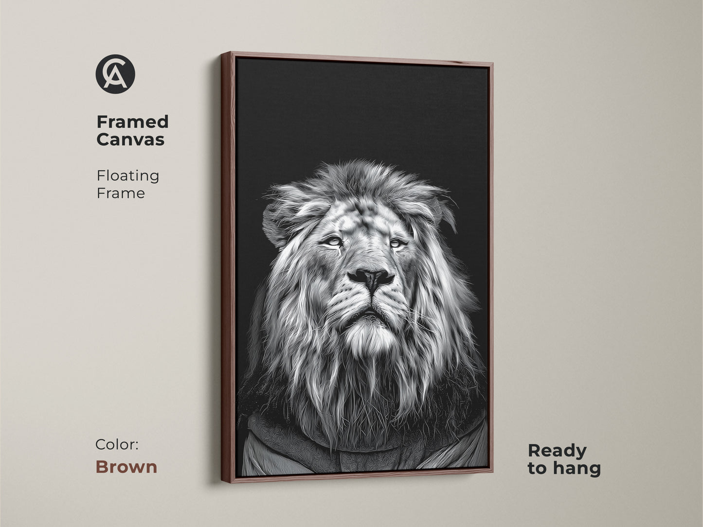 Framed canvas with a floating frame displaying a realistic monochrome lion portrait in a brown frame. This black and white lion canvas is a striking piece of wildlife animal art decor. It's perfect as an animal lover gift or for modern home decor. The safari themed decor enhances any study.