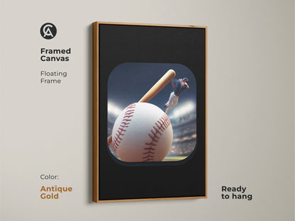 Framed canvas art of a baseball player action. Modern baseball art print with a floating frame. Frame is colored in antique gold. Sports wall art for a man cave. Contemporary baseball decor makes a fantastic gift for baseball fan dad. Dynamic sports artwork.