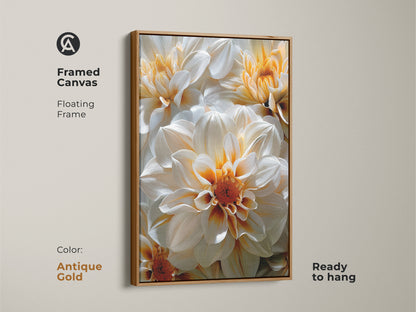 Antique gold framed canvas featuring a white dahlia flower artwork. This ready-to-hang floral art exudes sophistication. The antique gold floating frame complements the flower canvas. A timeless addition to your home.