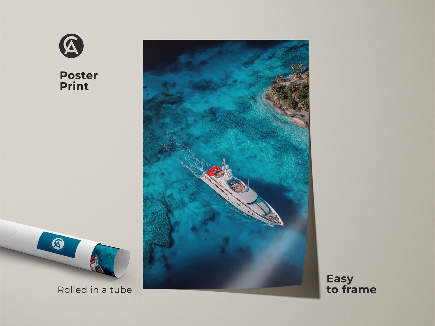 Poster print displaying a yacht sailing on turquoise ocean waters near a tropical island. The print comes rolled in a tube for easy framing. This museum-quality paper poster brings the beauty of coastal scenery to your walls. A perfect piece for art collectors and nautical enthusiasts seeking to elevate their space.