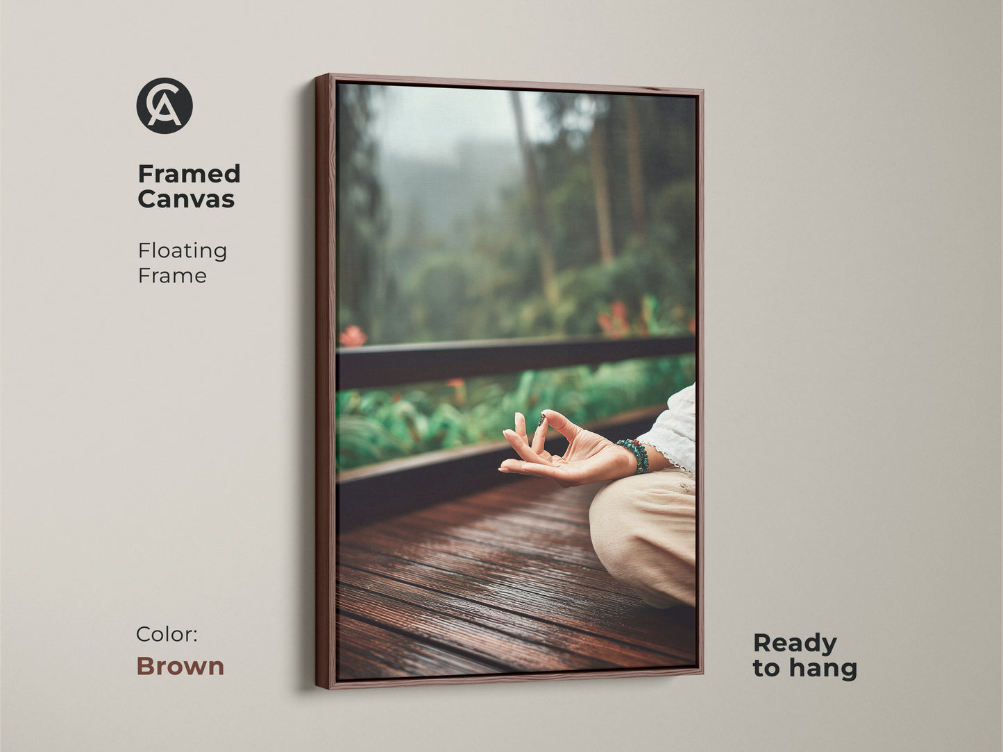 Framed Canvas art featuring a meditation scene with a brown floating frame. This earth tone yoga print evokes peace and mindfulness. Ideal for residential wall decor. A housewarming gift for yogis who love natural tones in their space.
