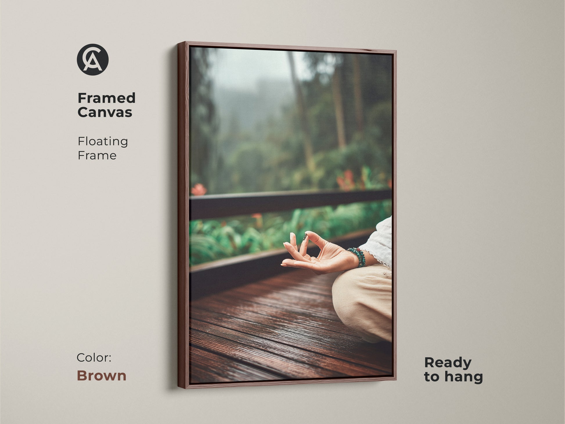 Framed Canvas art featuring a meditation scene with a brown floating frame. This earth tone yoga print evokes peace and mindfulness. Ideal for residential wall decor. A housewarming gift for yogis who love natural tones in their space.
