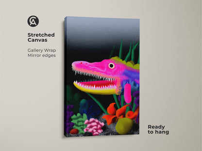 A surreal dragon wall art on a stretched canvas. It's a fantasy creature art print with underwater fantasy decor. The hot pink yellow purple art makes an eclectic living room art piece. A great gift for dragon lover.