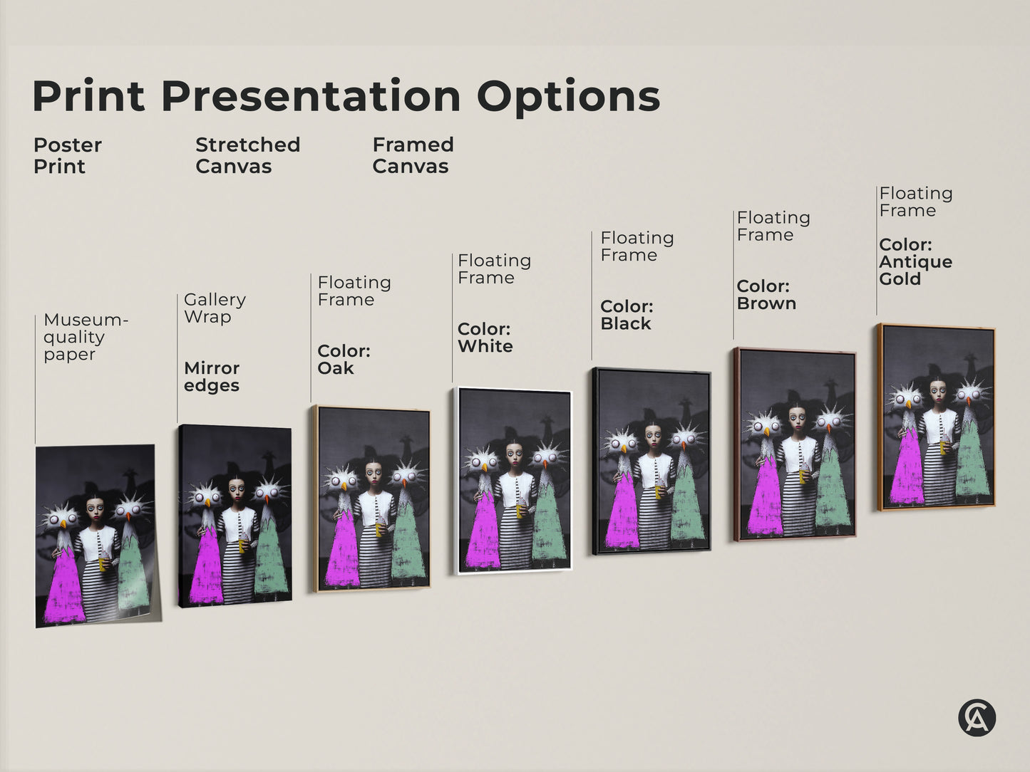 Print presentation options for dark fantasy girl art. Choose from poster print stretched canvas or framed canvas. The museum-quality paper has gallery wrap mirror edges and comes in black brown oak and white floating frames.