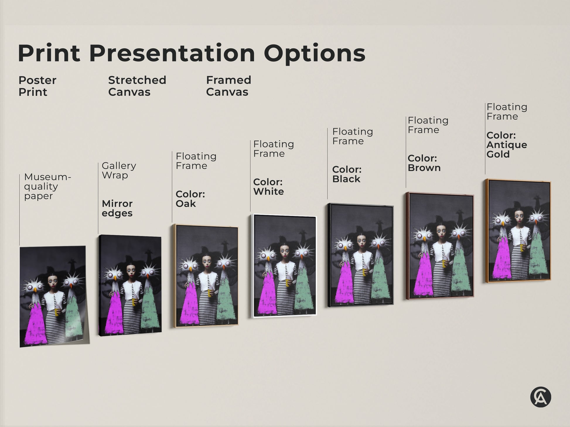Print presentation options for dark fantasy girl art. Choose from poster print stretched canvas or framed canvas. The museum-quality paper has gallery wrap mirror edges and comes in black brown oak and white floating frames.