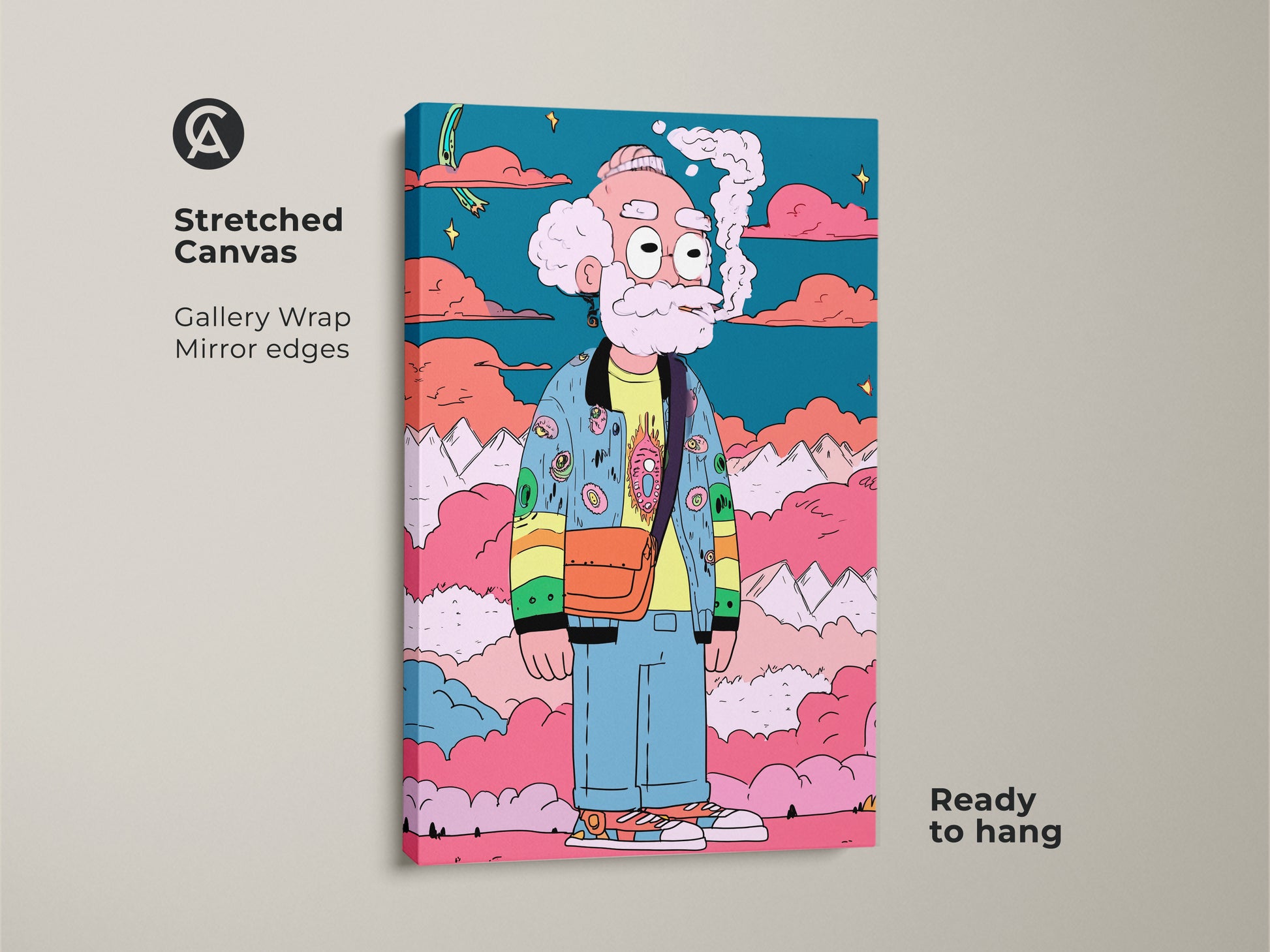 This stretched canvas artwork shows a cartoon character smoking. The gallery wrap with mirror edges gives it a clean contemporary look. Ready to hang this piece is a vibrant addition to your home decor. It has a surreal landscape backdrop.