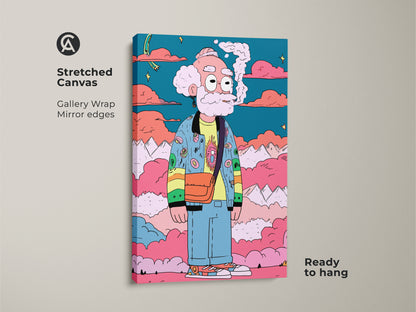 This stretched canvas artwork shows a cartoon character smoking. The gallery wrap with mirror edges gives it a clean contemporary look. Ready to hang this piece is a vibrant addition to your home decor. It has a surreal landscape backdrop.