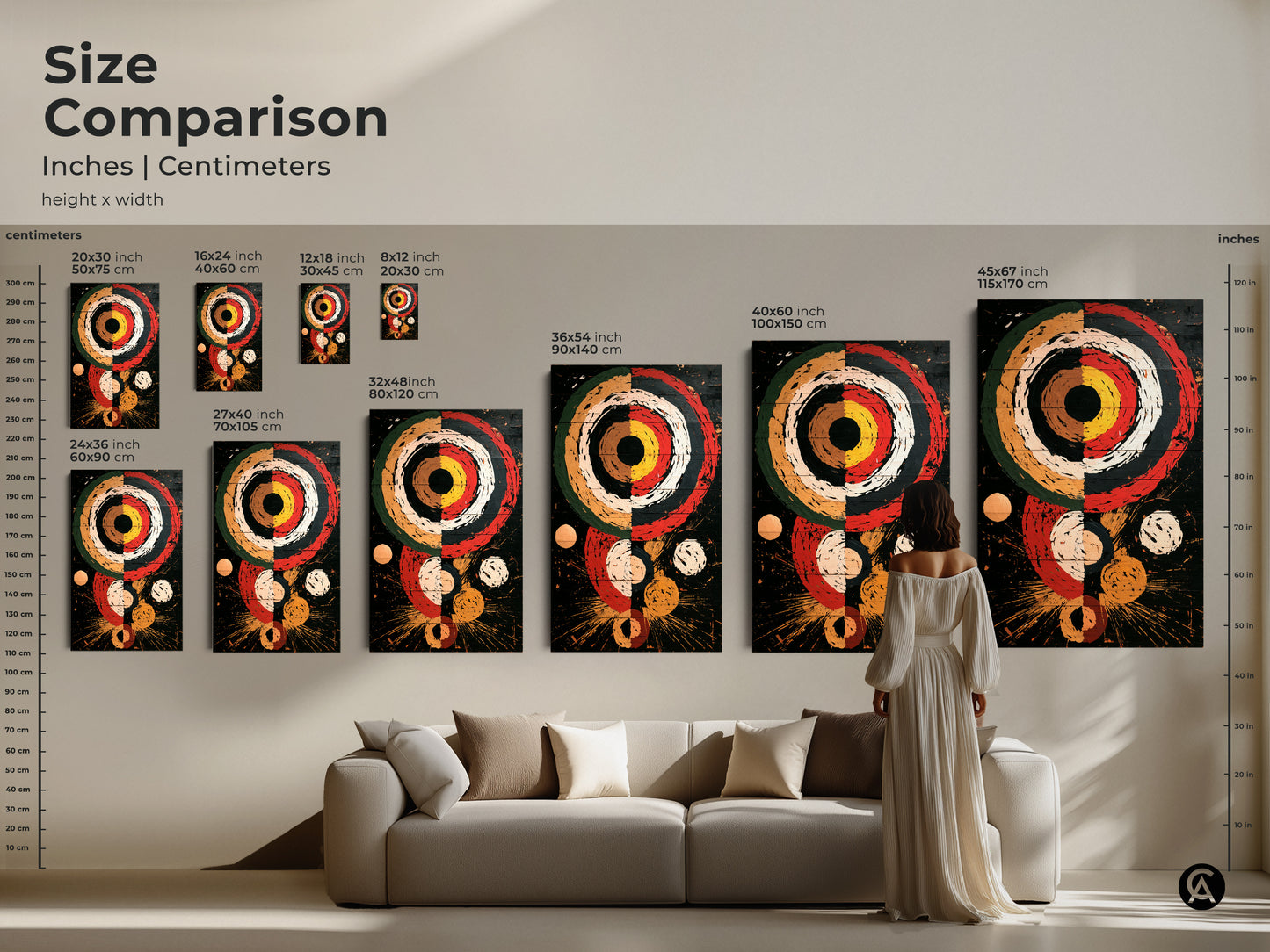 Size comparison of Retro Abstract Geometric art prints in inches and centimeters. See this mid-century modern artwork alongside a sofa for scale. The canvas or poster is available in various sizes. Choose the perfect size for your eclectic home or unique office wall decor.