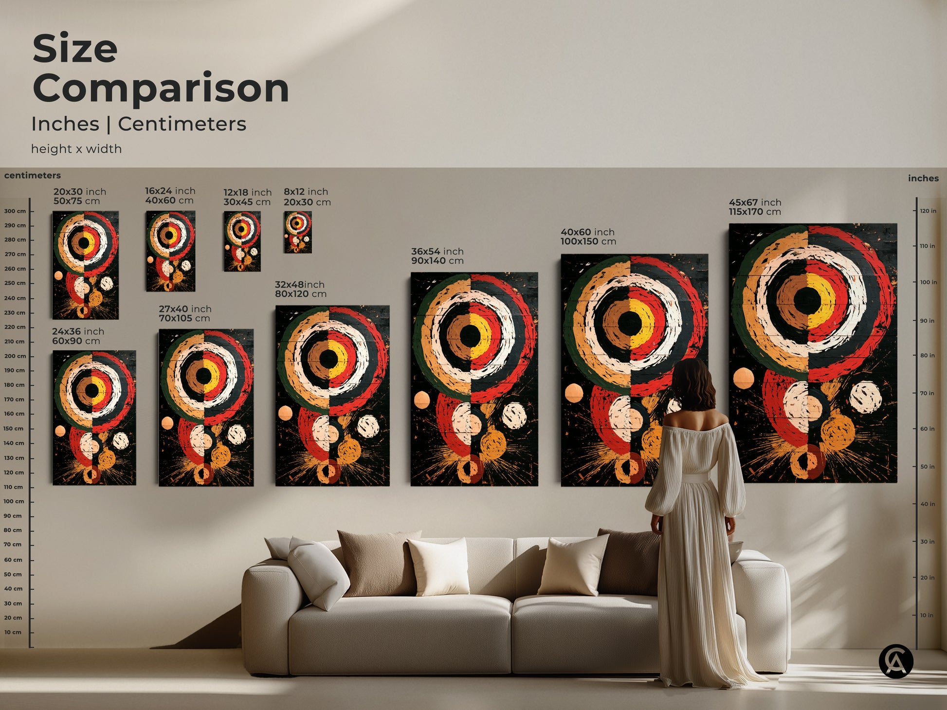 Size comparison of Retro Abstract Geometric art prints in inches and centimeters. See this mid-century modern artwork alongside a sofa for scale. The canvas or poster is available in various sizes. Choose the perfect size for your eclectic home or unique office wall decor.