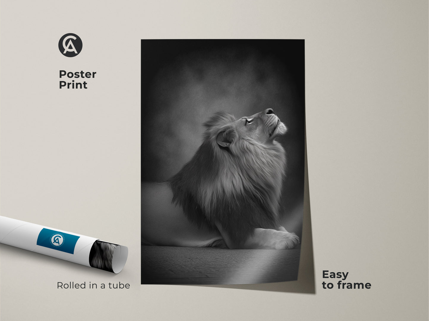 Museum-quality poster print of a photorealistic lion. Rolled in a tube for easy framing this monochrome animal artwork is a great addition to any space. Perfect for animal photography art lovers.