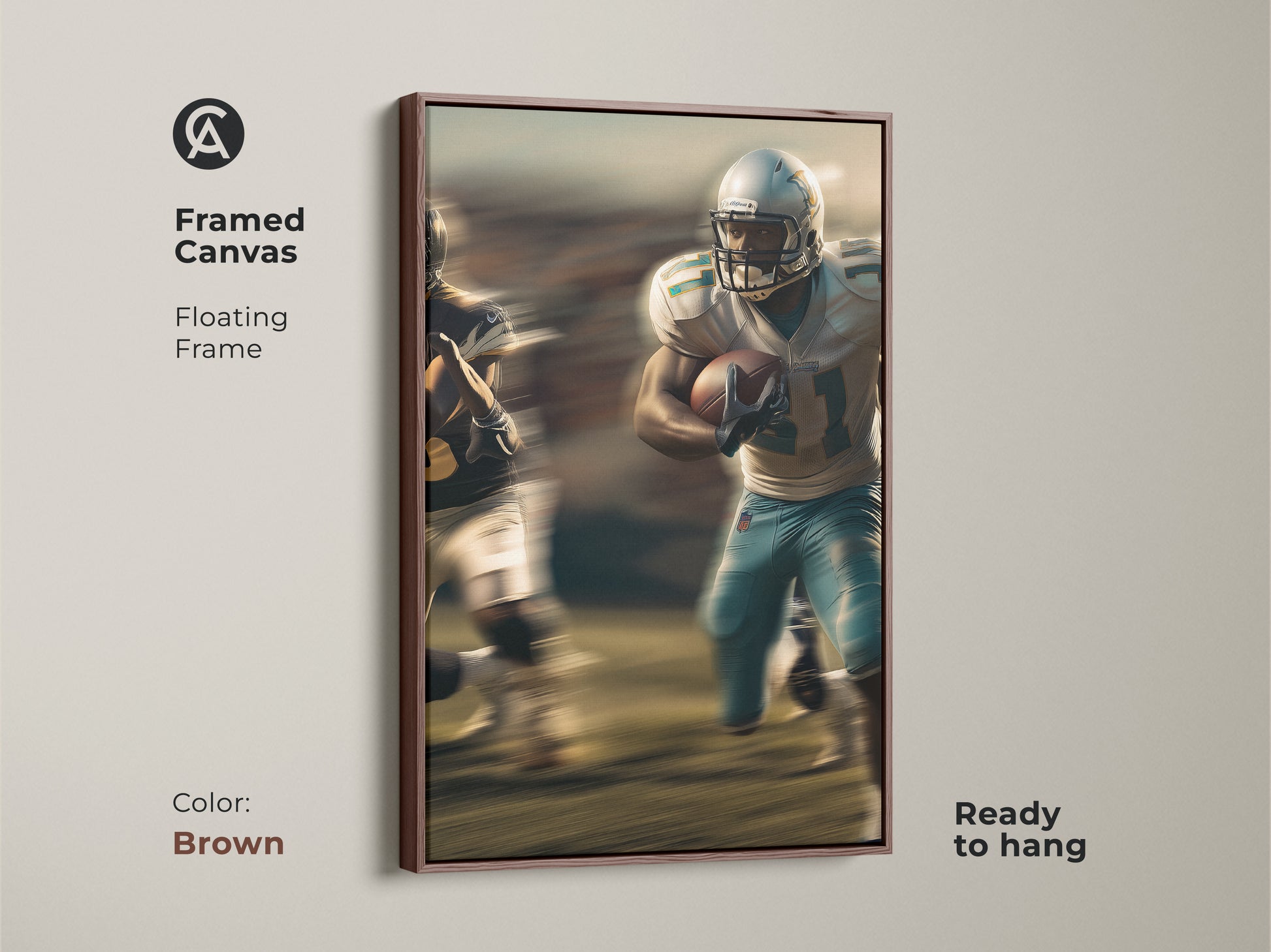 Enhance your decor with this framed canvas featuring dynamic football player artwork. The sports themed canvas is set in a warm brown floating frame. Blue and teal tones add a modern touch. Ready to hang this piece brings energy to your space. It is ideal for a man cave or as a thoughtful gift for any sports enthusiast.