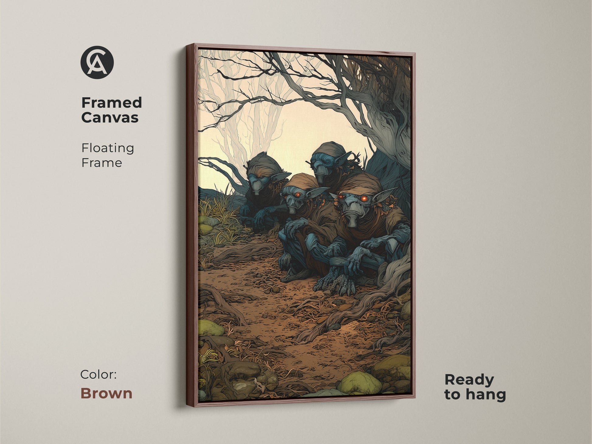 Framed forest art of goblins sitting in the woods. The brown floating frame enhances the earthy tones of this wall art. Ready to hang in any home or office. This dark fantasy art is perfect for a den or man cave.