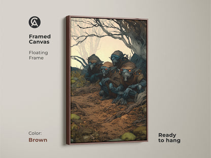 Framed forest art of goblins sitting in the woods. The brown floating frame enhances the earthy tones of this wall art. Ready to hang in any home or office. This dark fantasy art is perfect for a den or man cave.