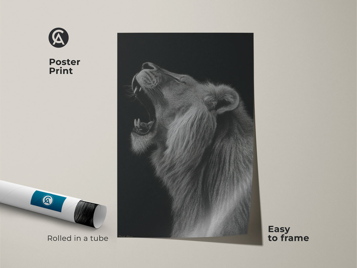 Poster print of a roaring lion. This museum-quality paper print is easy to frame. Rolled in a tube for protection this monochrome artwork makes great wall decor. The black and white animal artwork is ideal for any room. Capture the power with this nature wildlife print.