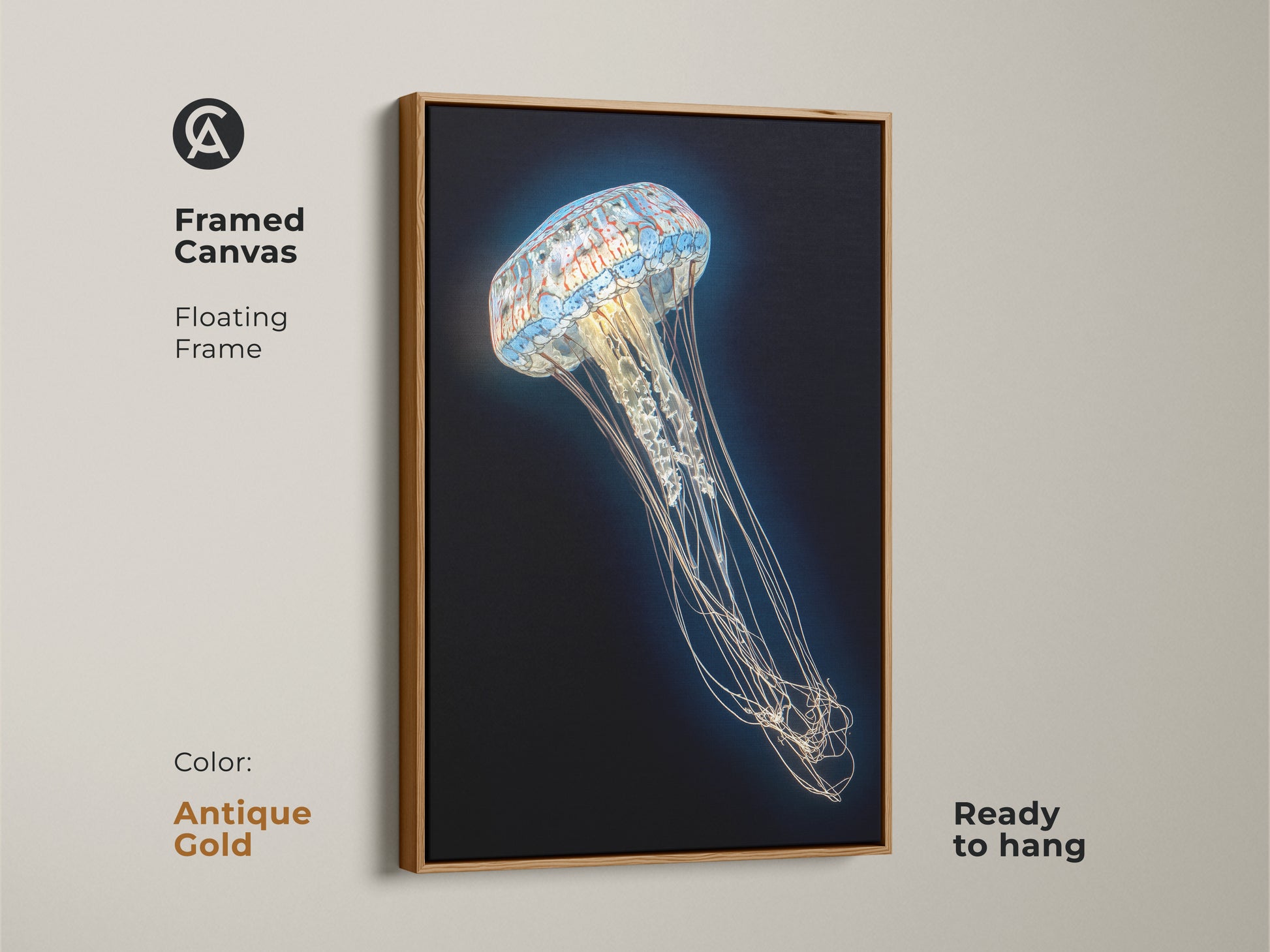 Framed canvas of a Contemporary Jellyfish Print in an antique gold floating frame. This abstract ocean life canvas features delicate aqua tentacles. Ready to hang this surreal marine biology artwork is a perfect decor.