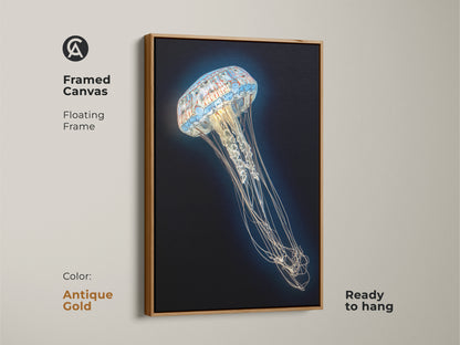 Framed canvas of a Contemporary Jellyfish Print in an antique gold floating frame. This abstract ocean life canvas features delicate aqua tentacles. Ready to hang this surreal marine biology artwork is a perfect decor.