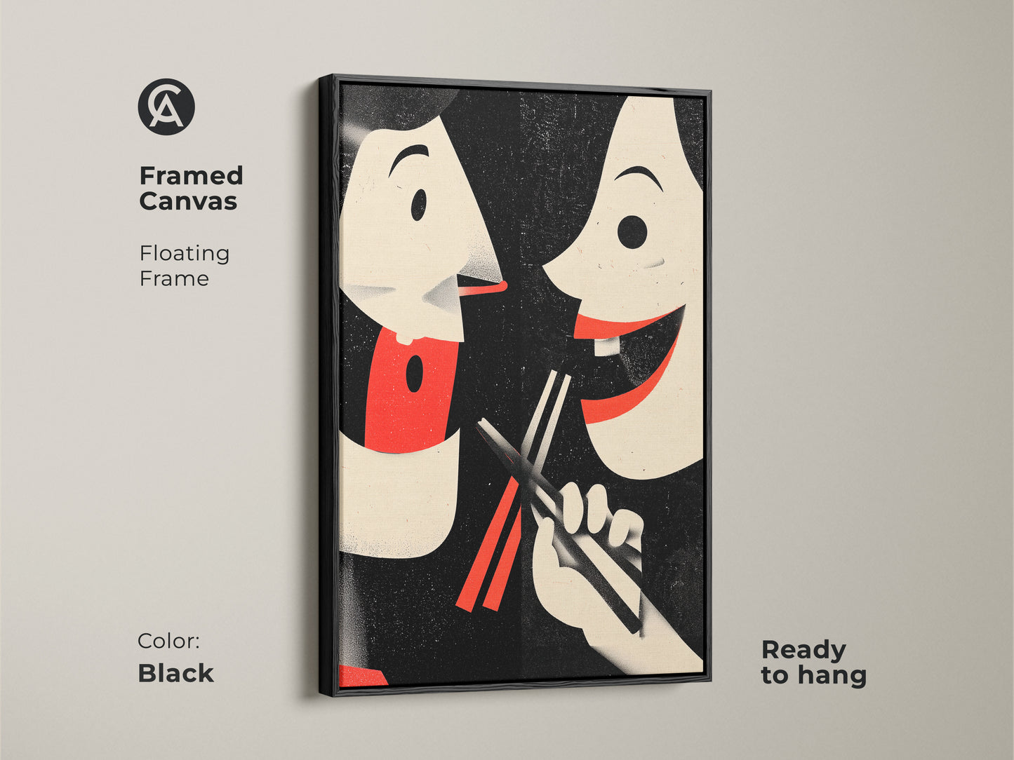 Framed canvas in black showcasing retro couple art. This Asian inspired wall art makes great eclectic kitchen decor. The food art print shows a playful couple sharing food with chopsticks. This unique housewarming gift celebrates cultural cuisine. Ready to hang.