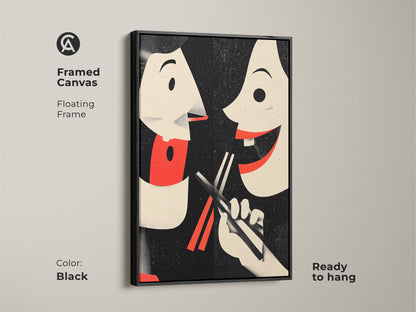 Framed canvas in black showcasing retro couple art. This Asian inspired wall art makes great eclectic kitchen decor. The food art print shows a playful couple sharing food with chopsticks. This unique housewarming gift celebrates cultural cuisine. Ready to hang.
