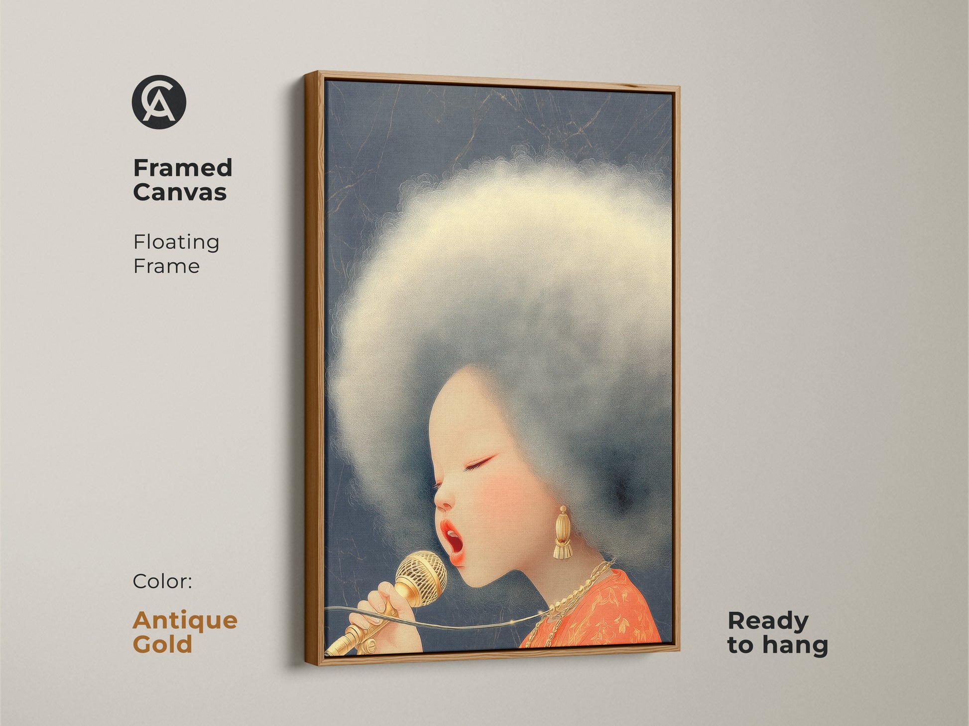 Admire the framed canvas art presenting an Afro Singer with a retro microphone. The pop art portrait print delivers a unique eclectic vibe. The antique gold floating frame adds charm. An ideal piece for bedroom wall hanging.