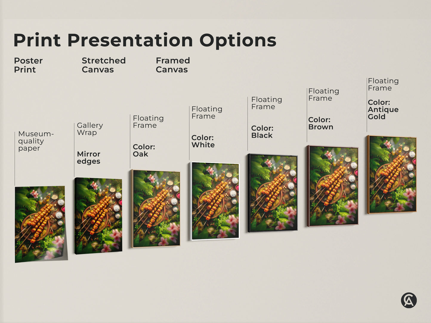 Explore print presentation options for food and jungle-themed artwork. Choose from poster prints stretched canvases and framed canvases. Options include museum-quality paper gallery wrap and floating frames in various colors. Find the perfect style to showcase this culinary art.