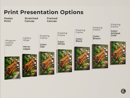 Explore print presentation options for food and jungle-themed artwork. Choose from poster prints stretched canvases and framed canvases. Options include museum-quality paper gallery wrap and floating frames in various colors. Find the perfect style to showcase this culinary art.