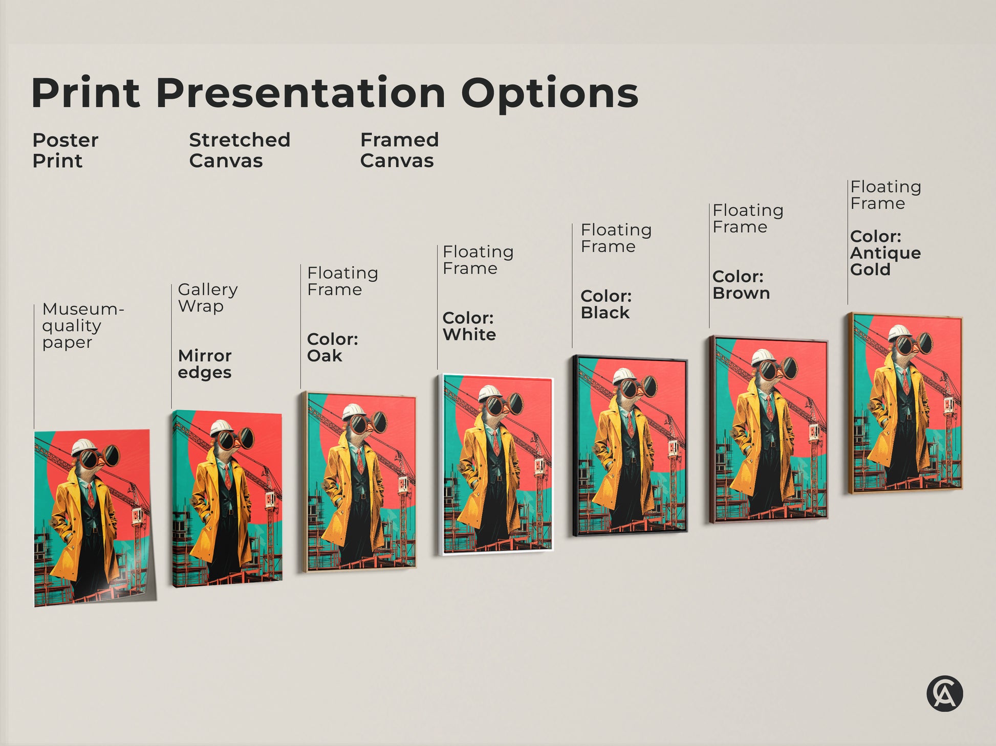 Print presentation options for surrealist bird architect artwork. Choose from poster print stretched canvas or framed canvas. Available with various frame colors to complement office wall decor.