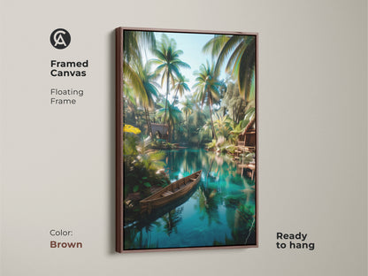 Brown framed canvas featuring tropical lagoon art with palm trees and a wooden boat. This ready-to-hang piece brings warmth to your decor. The floating frame complements the serene scene. It is perfect for adding a touch of nature to your space. Buy this art to create a relaxing environment.