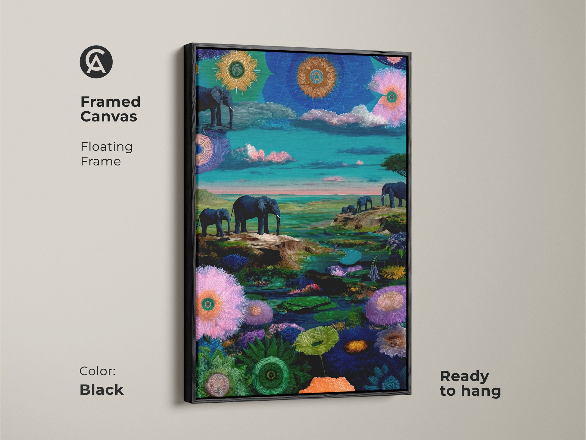 Framed canvas art featuring a surreal elephant. The black floating frame enhances the eclectic safari decor. A fantasy animal artwork ready to hang. Perfect for a living room animal print.