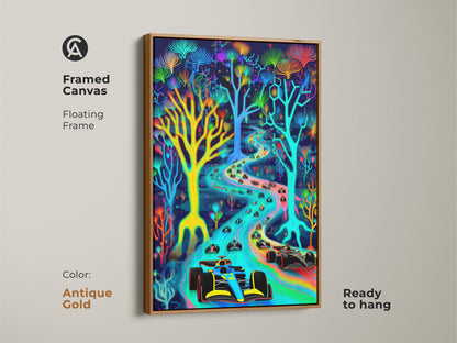 Discover this framed abstract neon Formula 1 artwork on canvas. This artwork features a vaporwave race car design with psychedelic elements. It is ready to hang with a antique gold floating frame. This canvas print enhances any space with an energetic vibe. It's a superb gift for F1 fans.