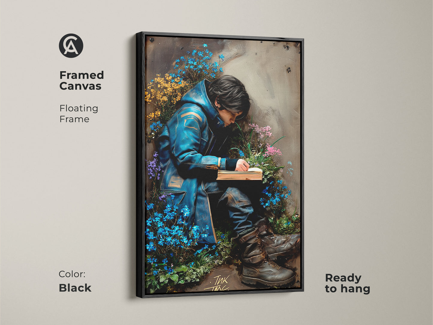 Framed canvas with a floating black frame. This artwork shows a young man reading among forget-me-nots. The dark academia wall art is ready to hang. Its surreal style and rich blue green tones create a unique eclectic decor. A perfect addition to your study room.