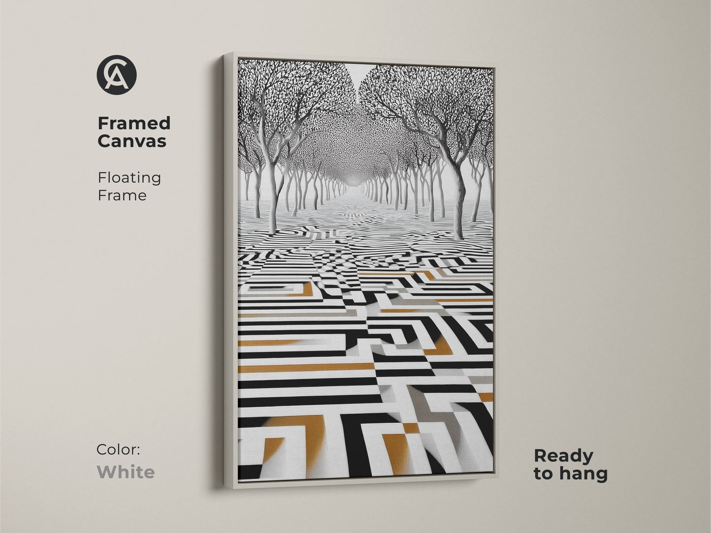 White framed canvas art showcases surreal trees within an abstract geometric maze. This monochrome artwork features gold accents. The contemporary print is ready to hang adding a touch of modern surrealism to your space a minimalist piece.