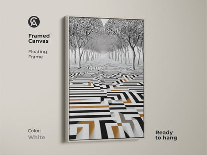 White framed canvas art showcases surreal trees within an abstract geometric maze. This monochrome artwork features gold accents. The contemporary print is ready to hang adding a touch of modern surrealism to your space a minimalist piece.