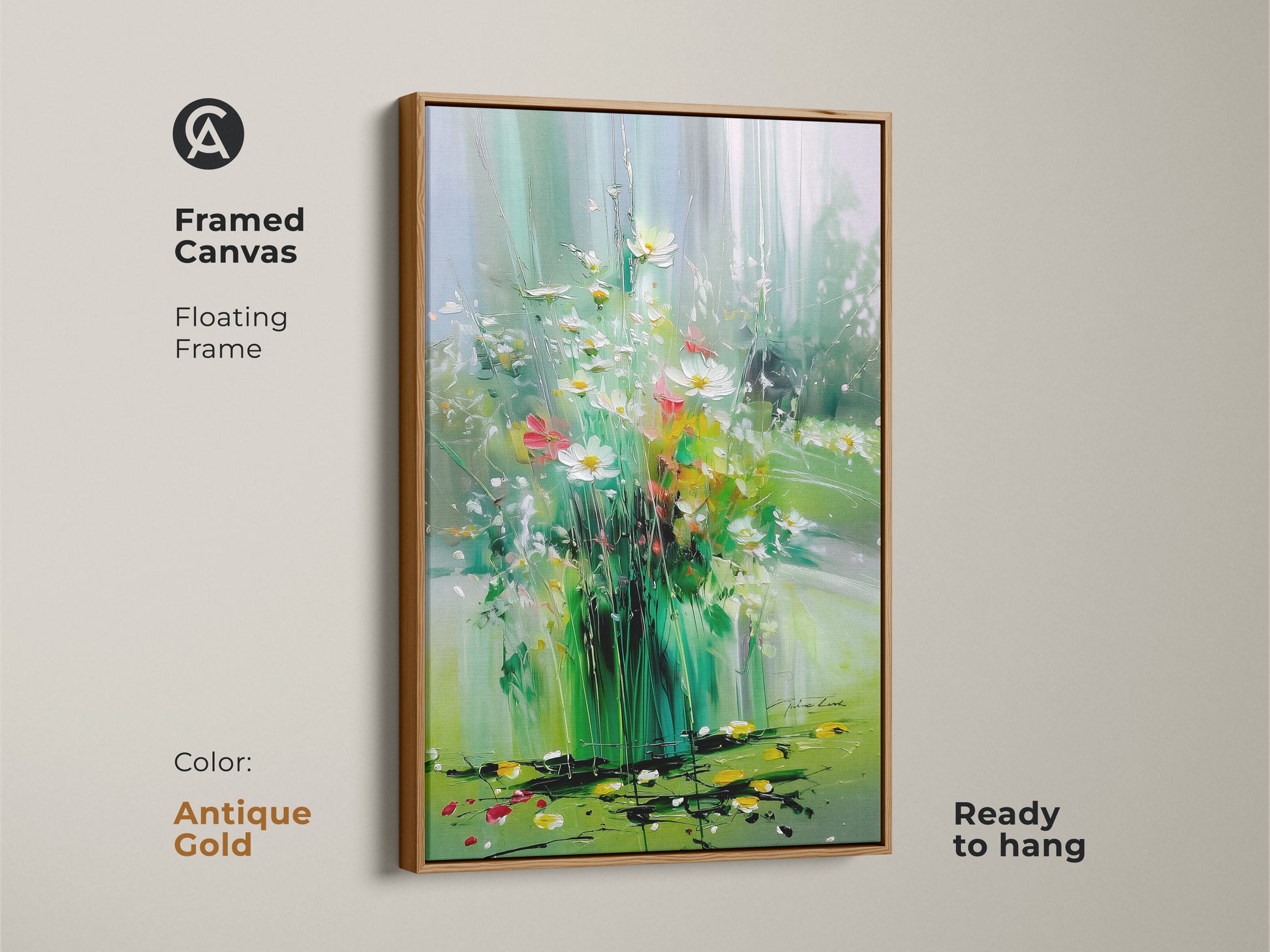 Impressionistic wildflower canvas in an antique gold floating frame. Emerald green and light blue botanical artwork for a boho home. Ready to hang nature art print. Perfect for bringing the outdoors in with style.