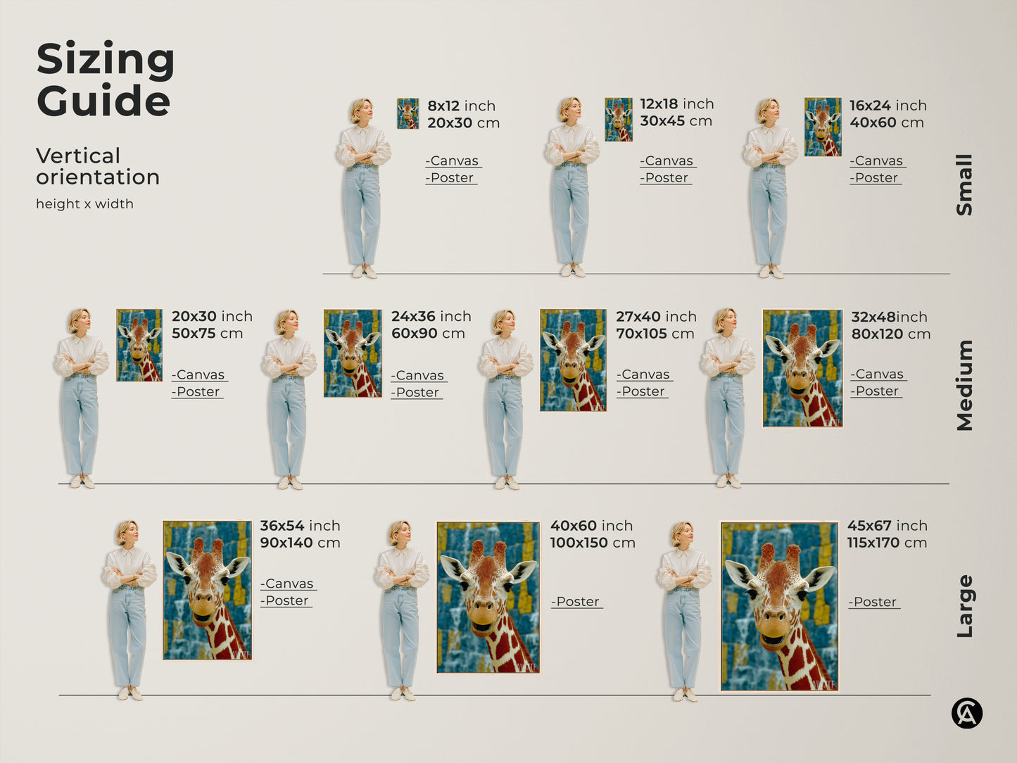 Sizing guide for vertical giraffe canvas and poster prints. Small medium and large sizes shown with a model. Dimensions in inches and centimeters. Visualize the perfect fit for your wall. Find the ideal size to showcase this captivating wildlife artwork in your home.