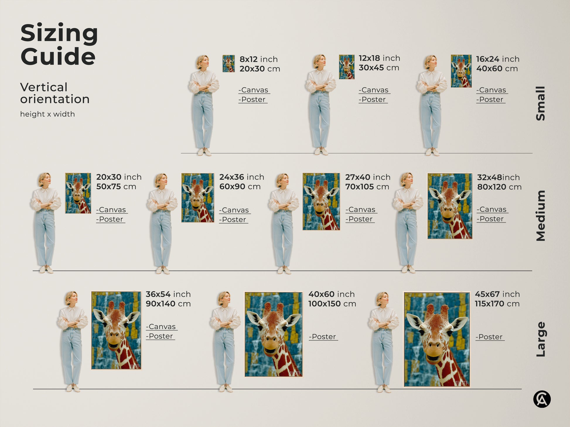 Sizing guide for vertical giraffe canvas and poster prints. Small medium and large sizes shown with a model. Dimensions in inches and centimeters. Visualize the perfect fit for your wall. Find the ideal size to showcase this captivating wildlife artwork in your home.