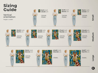 Sizing guide for vertical giraffe canvas and poster prints. Small medium and large sizes shown with a model. Dimensions in inches and centimeters. Visualize the perfect fit for your wall. Find the ideal size to showcase this captivating wildlife artwork in your home.