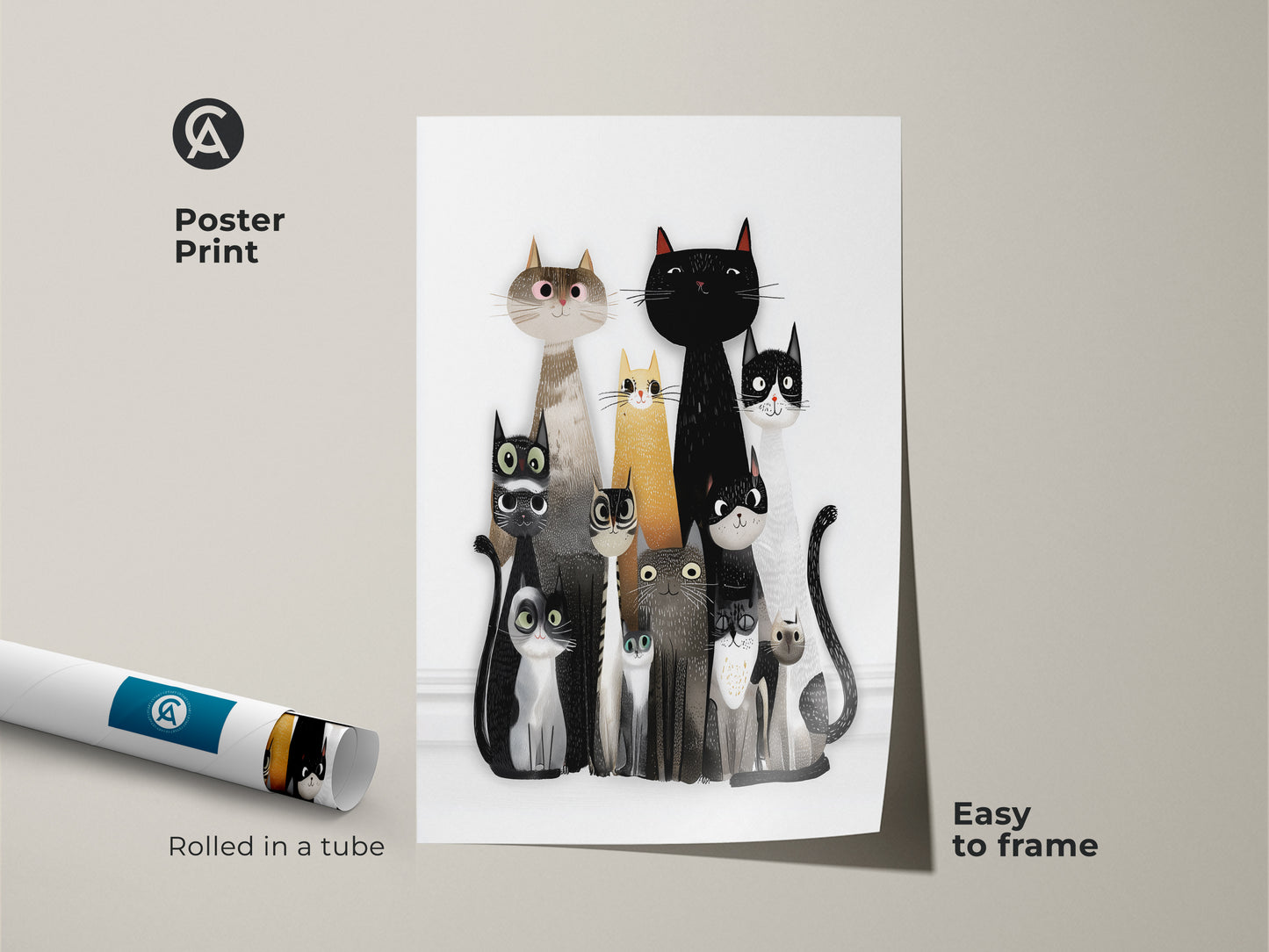 Poster Print of a Cat Family Illustration. Rolled in a tube this black and white cat wall art is easy to frame. A funny cat poster perfect for eclectic animal artwork and modern cat illustration enthusiasts.
