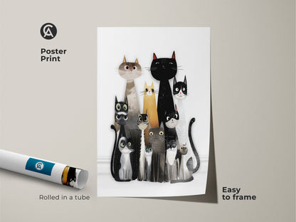 Poster Print of a Cat Family Illustration. Rolled in a tube this black and white cat wall art is easy to frame. A funny cat poster perfect for eclectic animal artwork and modern cat illustration enthusiasts.